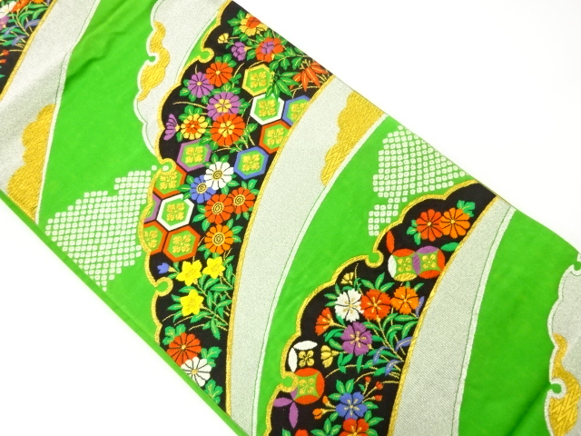 JAPANESE KIMONO / ANTIQUE FUKURO OBI / SILK / WOVEN KIKU & SAKURA